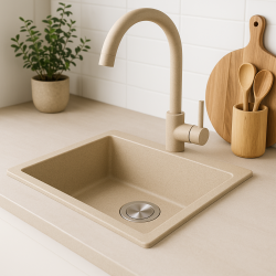 GraniteMy Universal γρανιτένιος μπεζ νεροχύτης από άμμο 34x40 εκατοστά επιφάνειας εγκατάστασης και εντοιχισμένος με ανοξείδωτο πώμα 1208968007